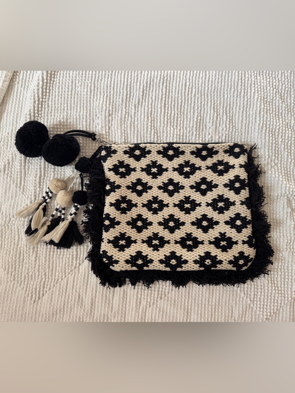 Shiraleah Black & Cream Woven Tassel Clutch with Pom-Poms